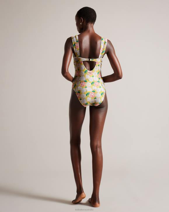 Ted Baker Adelisa Floral Pleated Strap Cupped Swimsuit Medium Yellow Clothing Women TLPL467