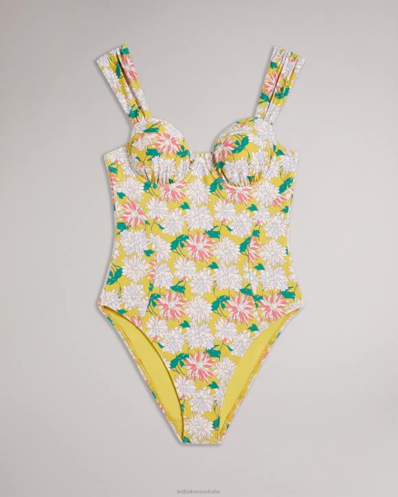 Ted Baker Adelisa Floral Pleated Strap Cupped Swimsuit Medium Yellow Clothing Women TLPL467