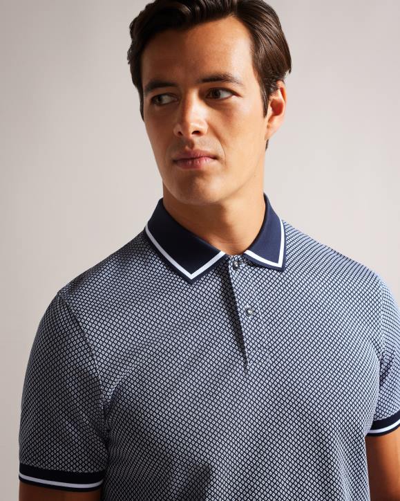 Ted Baker Affric Short Sleeve Regular Geo Textured Polo Shirt Navy Clothing Men TLPL1322