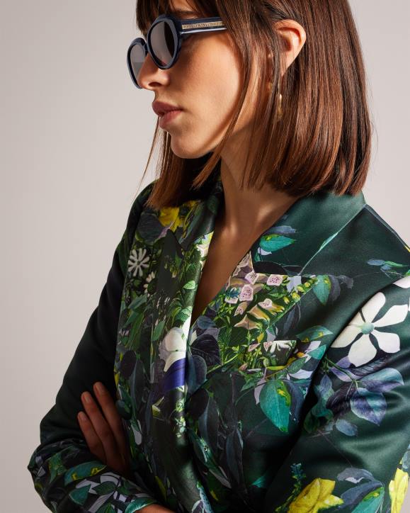 Ted Baker Aikaa Printed Satin Double Breasted Jacket Dark Green Clothing Women TLPL248