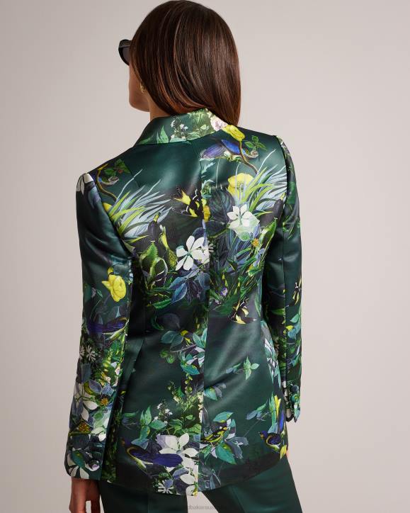 Ted Baker Aikaa Printed Satin Double Breasted Jacket Dark Green Clothing Women TLPL248