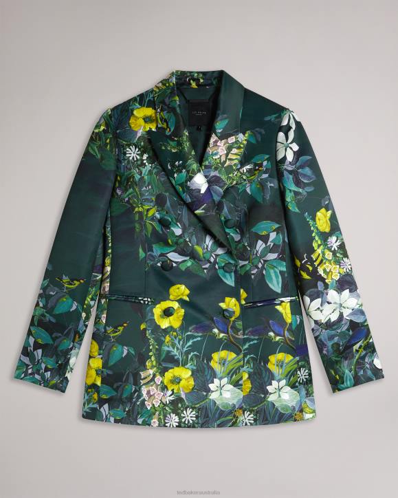 Ted Baker Aikaa Printed Satin Double Breasted Jacket Dark Green Clothing Women TLPL248