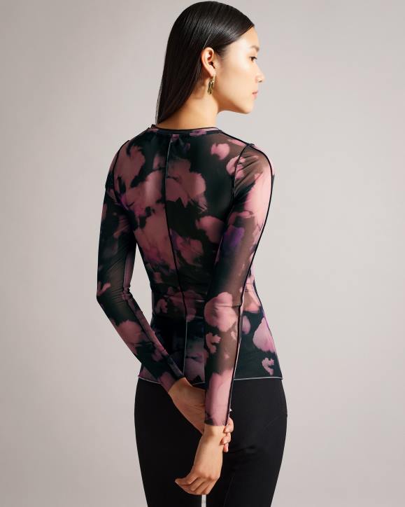 Ted Baker Aleeina Long Sleeve Abstract Print Mesh Top Black Clothing Women TLPL414