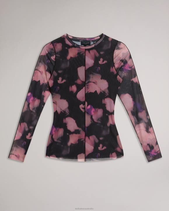 Ted Baker Aleeina Long Sleeve Abstract Print Mesh Top Black Clothing Women TLPL414