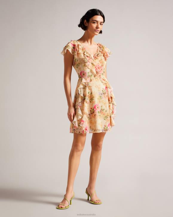 Ted Baker Ammiah Frilled Floral V Neck Mini Dress Tan Clothing Women TLPL22