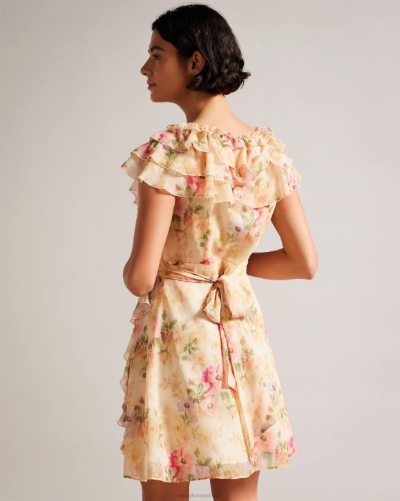 Ted Baker Ammiah Frilled Floral V Neck Mini Dress Tan Clothing Women TLPL22