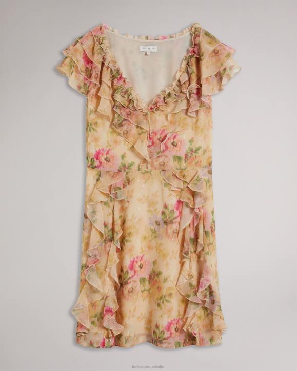 Ted Baker Ammiah Frilled Floral V Neck Mini Dress Tan Clothing Women TLPL22