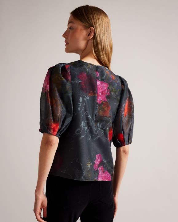 Ted Baker Ayymee Boxy Cropped Top with Puff Sleeve Black Clothing Women TLPL68