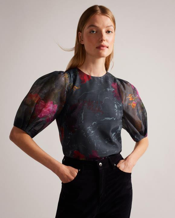 Ted Baker Ayymee Boxy Cropped Top with Puff Sleeve Black Clothing Women TLPL68