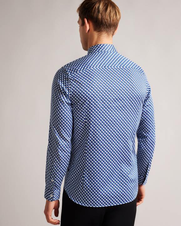 Ted Baker Barder Long Sleeve Cotton Stretch Geometric Shirt Dark Blue Clothing Men TLPL1421