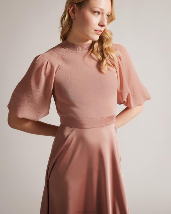 Ted Baker Brontei Puff Sleeve Fitted Bodice Midi Dress Dusky Pink Clothing Women TLPL18