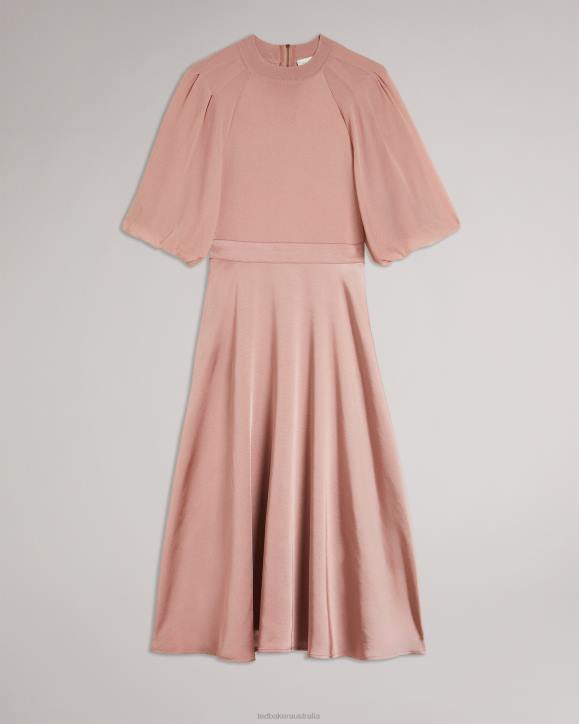 Ted Baker Brontei Puff Sleeve Fitted Bodice Midi Dress Dusky Pink Clothing Women TLPL18