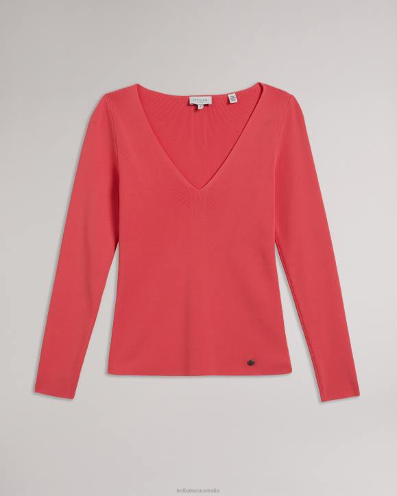 Ted Baker Cileste V Neck Slim Fit Knit Top Coral Clothing Women TLPL49