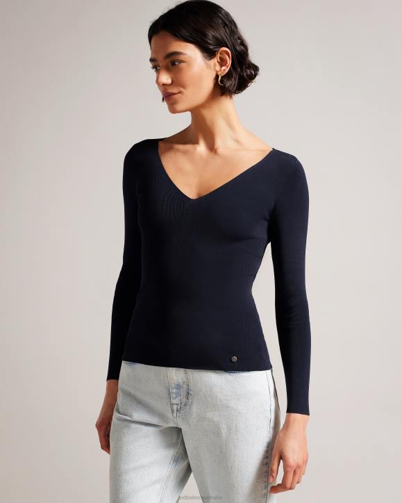 Ted Baker Cileste V Neck Slim Fit Knit Top Dark Blue Clothing Women TLPL404