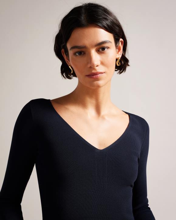 Ted Baker Cileste V Neck Slim Fit Knit Top Dark Blue Clothing Women TLPL404