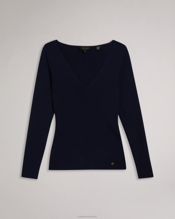 Ted Baker Cileste V Neck Slim Fit Knit Top Dark Blue Clothing Women TLPL404