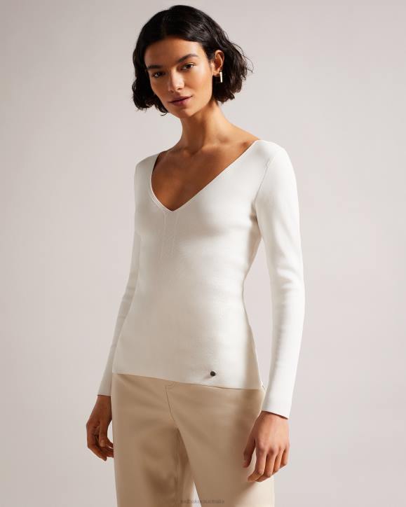 Ted Baker Cileste V Neck Slim Fit Knit Top Ivory Clothing Women TLPL355