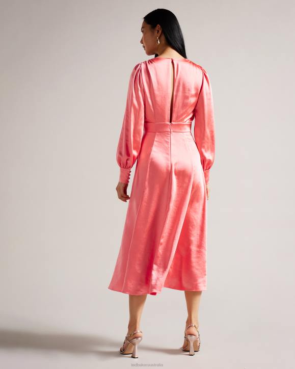 Ted Baker Daniia Satin Midi Dress With Blouson Sleeve Coral Clothing Women TLPL1