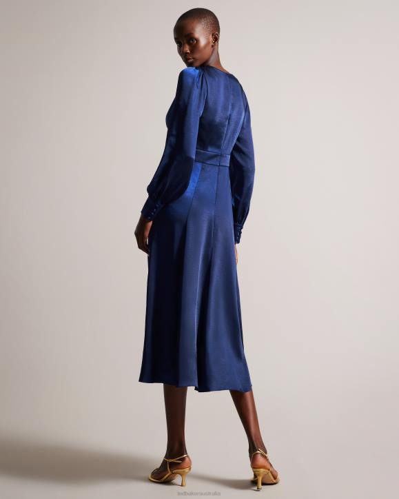 Ted Baker Daniia Satin Midi Dress With Blouson Sleeve Dark Blue Clothing Women TLPL29