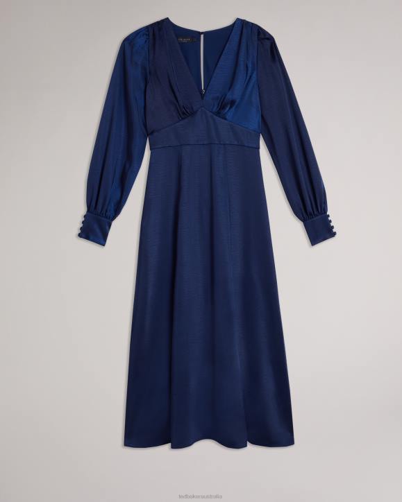 Ted Baker Daniia Satin Midi Dress With Blouson Sleeve Dark Blue Clothing Women TLPL29