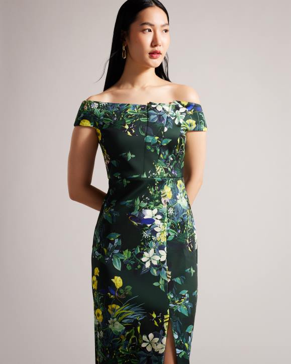 Ted Baker Divena Floral Pleated Bardot Bodycon Dress Dark Green Clothing Women TLPL215