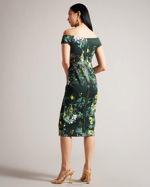 Ted Baker Divena Floral Pleated Bardot Bodycon Dress Dark Green Clothing Women TLPL215