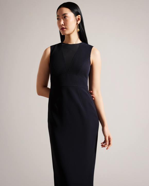 Ted Baker Elissii Midi Bodycon Dress With Sheer V-Neck Dark Navy Clothing Women TLPL371