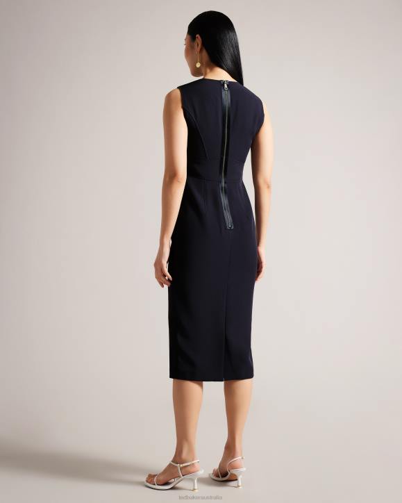 Ted Baker Elissii Midi Bodycon Dress With Sheer V-Neck Dark Navy Clothing Women TLPL371