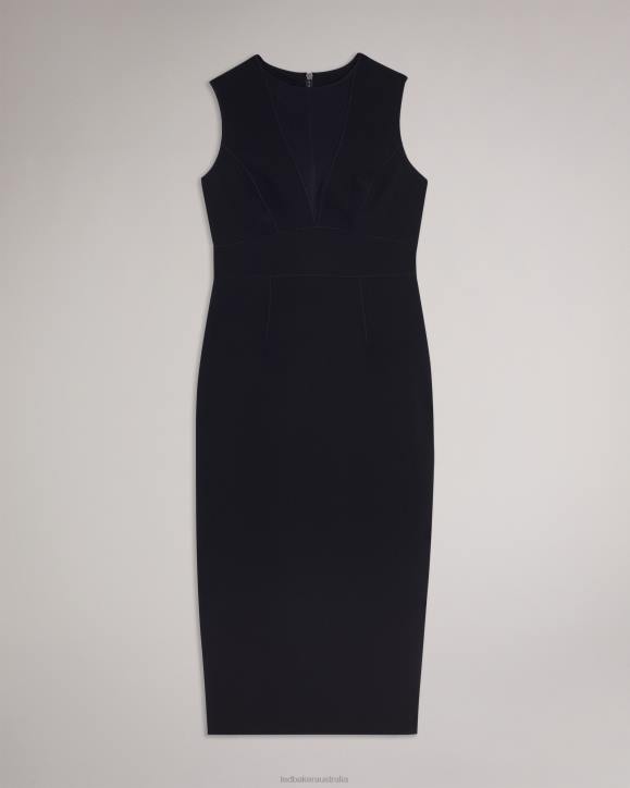 Ted Baker Elissii Midi Bodycon Dress With Sheer V-Neck Dark Navy Clothing Women TLPL371