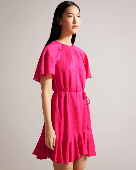 Ted Baker Elsieee Fluted Hem Mini Skater Dress Bright Pink Clothing Women TLPL28