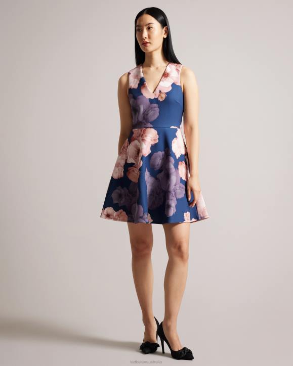 Ted Baker Emleey V-Neck Printed Skater Dress Dark Blue Clothing Women TLPL69