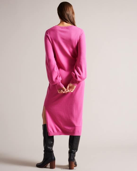 Ted Baker Essya Slouchy Tie Front Midi Knit Dress Bright Pink Clothing Women TLPL102