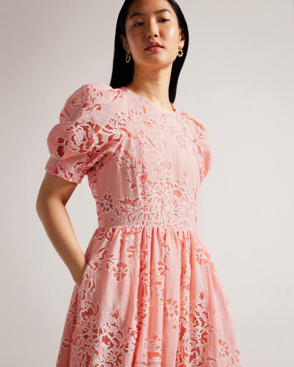 Ted Baker Esthher Puff Sleeve Tiered Midi Dress Coral Clothing Women TLPL201