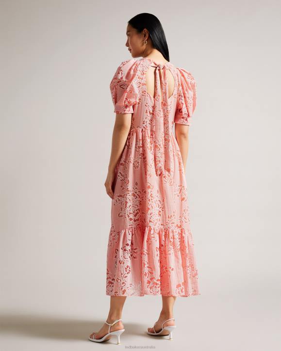 Ted Baker Esthher Puff Sleeve Tiered Midi Dress Coral Clothing Women TLPL201