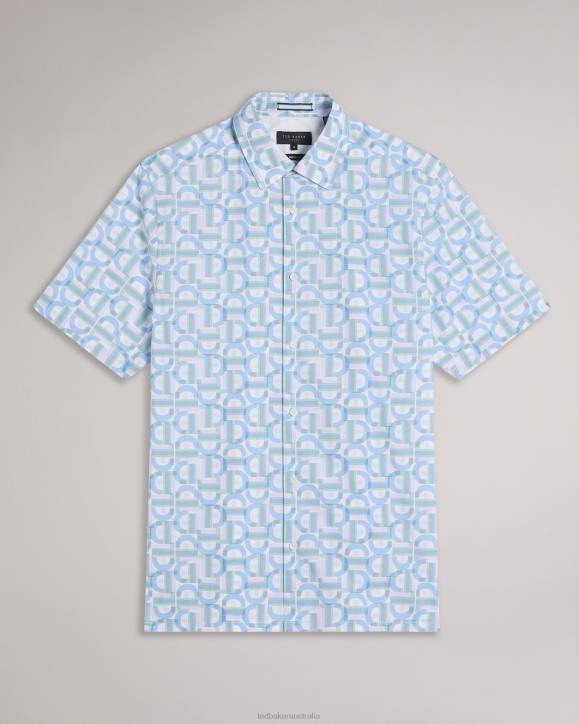 Ted Baker Glais Short Sleeve Branded Letter Shirt Pale Blue Clothing Men TLPL1489