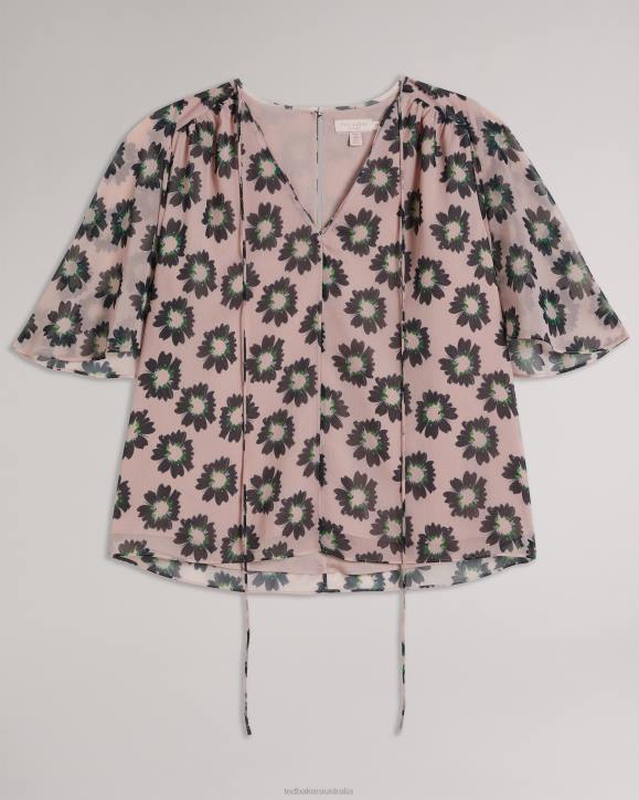 Ted Baker Harlynn Split Sleeve Top With Neck Tie Pink Clothing Women TLPL380