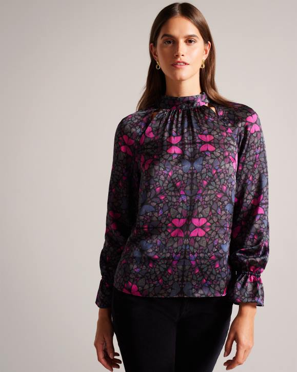 Ted Baker Heiydii High Neck Satin Butterfly Print Blouse Black Clothing Women TLPL71