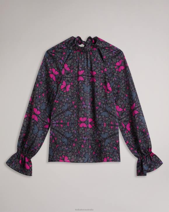 Ted Baker Heiydii High Neck Satin Butterfly Print Blouse Black Clothing Women TLPL71