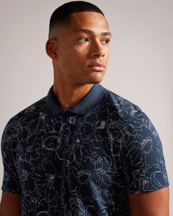 Ted Baker Holler Short Sleeve Regular Fit Printed Polo Shirt Navy-Blue Clothing Men TLPL1217