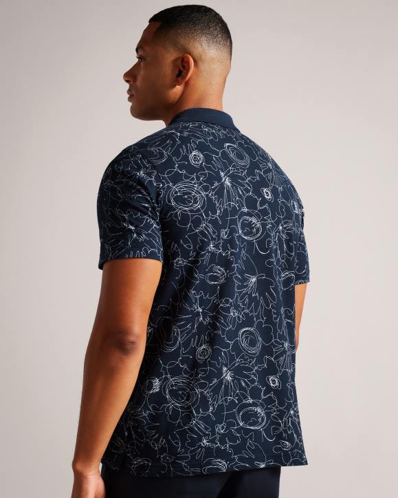 Ted Baker Holler Short Sleeve Regular Fit Printed Polo Shirt Navy-Blue Clothing Men TLPL1217