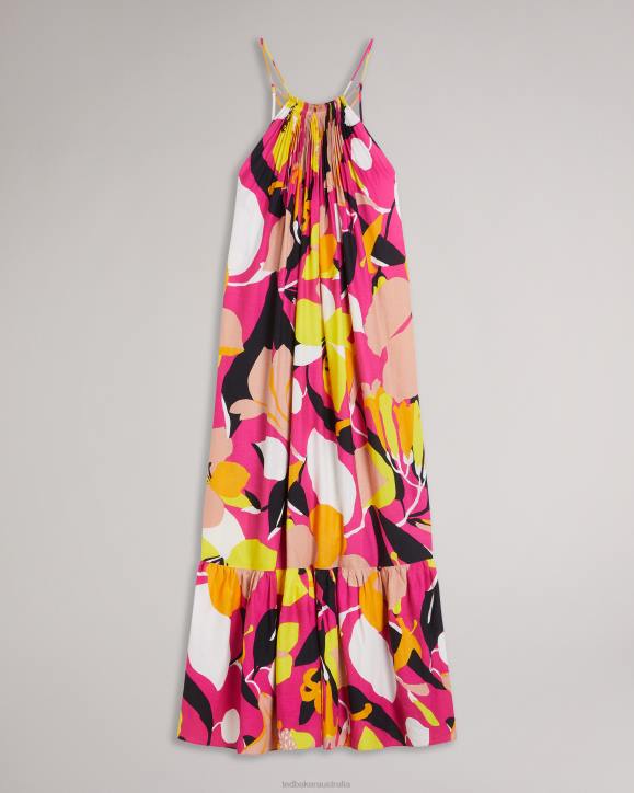 Ted Baker Ikella Abstract Print Pleated Halter Maxi Dress Bright Pink Clothing Women TLPL350