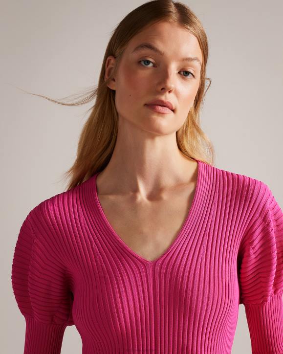 Ted Baker Ivery Rib Knit Top With Puff Shoulders Deep-Pink Clothing Women TLPL118