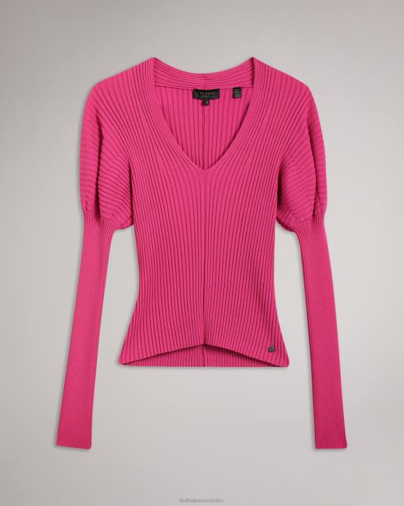 Ted Baker Ivery Rib Knit Top With Puff Shoulders Deep-Pink Clothing Women TLPL118