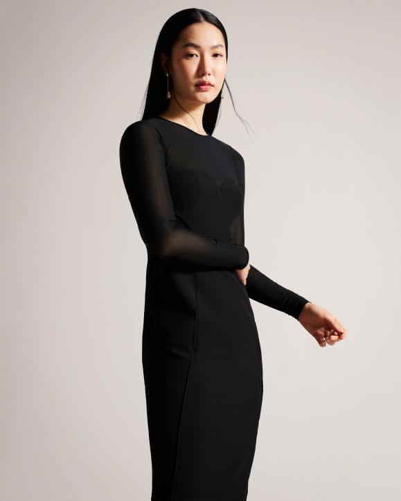 Ted Baker Ivylou Bodycon Midi Dress With Sheer Sleeves Black Clothing Women TLPL417