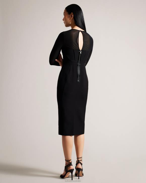 Ted Baker Ivylou Bodycon Midi Dress With Sheer Sleeves Black Clothing Women TLPL417