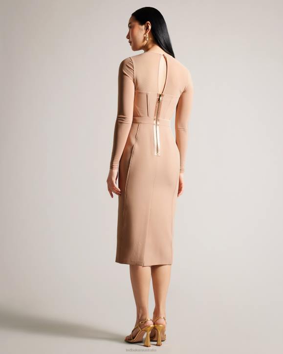 Ted Baker Ivylou Bodycon Midi Dress With Sheer Sleeves Nude Clothing Women TLPL359