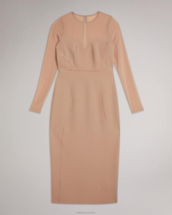 Ted Baker Ivylou Bodycon Midi Dress With Sheer Sleeves Nude Clothing Women TLPL359