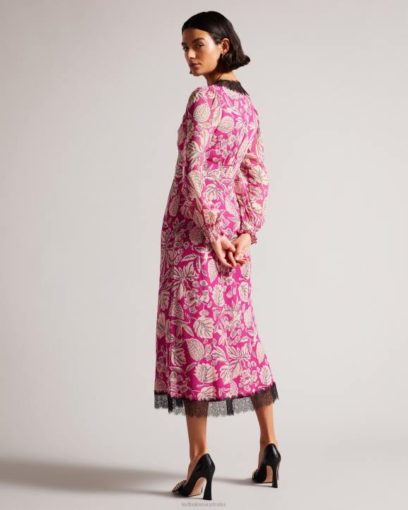 Ted Baker Izobele Long Sleeve Midi Dress With Lace Trim Bright Pink Clothing Women TLPL66