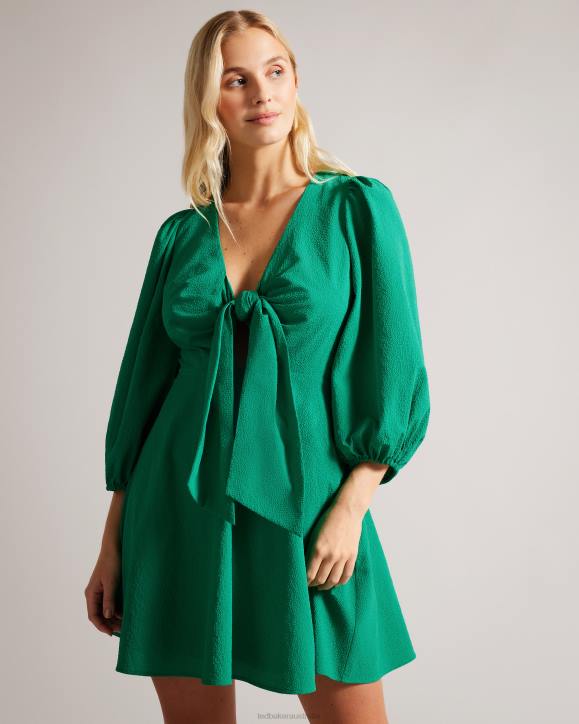 Ted Baker Jozelyn Tie Front Mini Dress With Balloon Sleeve Green Clothing Women TLPL462