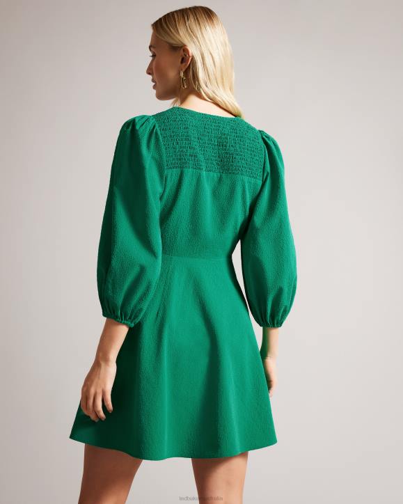 Ted Baker Jozelyn Tie Front Mini Dress With Balloon Sleeve Green Clothing Women TLPL462